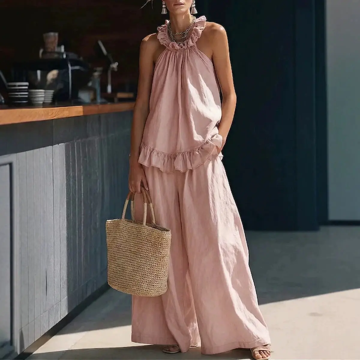 

Halter Ruffle 2 Piece Outfit Women Sleeveless Loose Top High Waist Wide Leg Pants Casual Vacation Matching Sets Streetwear