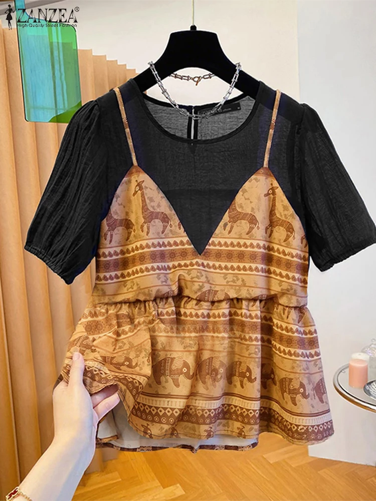 ZANZEA بلوزات مرقعة مطبوعة عتيقة للسيدات 2025 صيفي برقبة دائرية وأكمام قصيرة منتفخة Blusas Mujer ملابس خروج مكونة من قطعتين #2