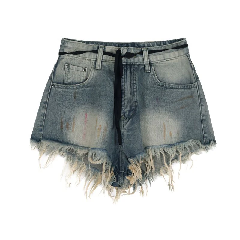 Old vintage ruffled jeans, women's spicy girls thin straight leg shorts, summer high waisted  slim wide leg A-line pants