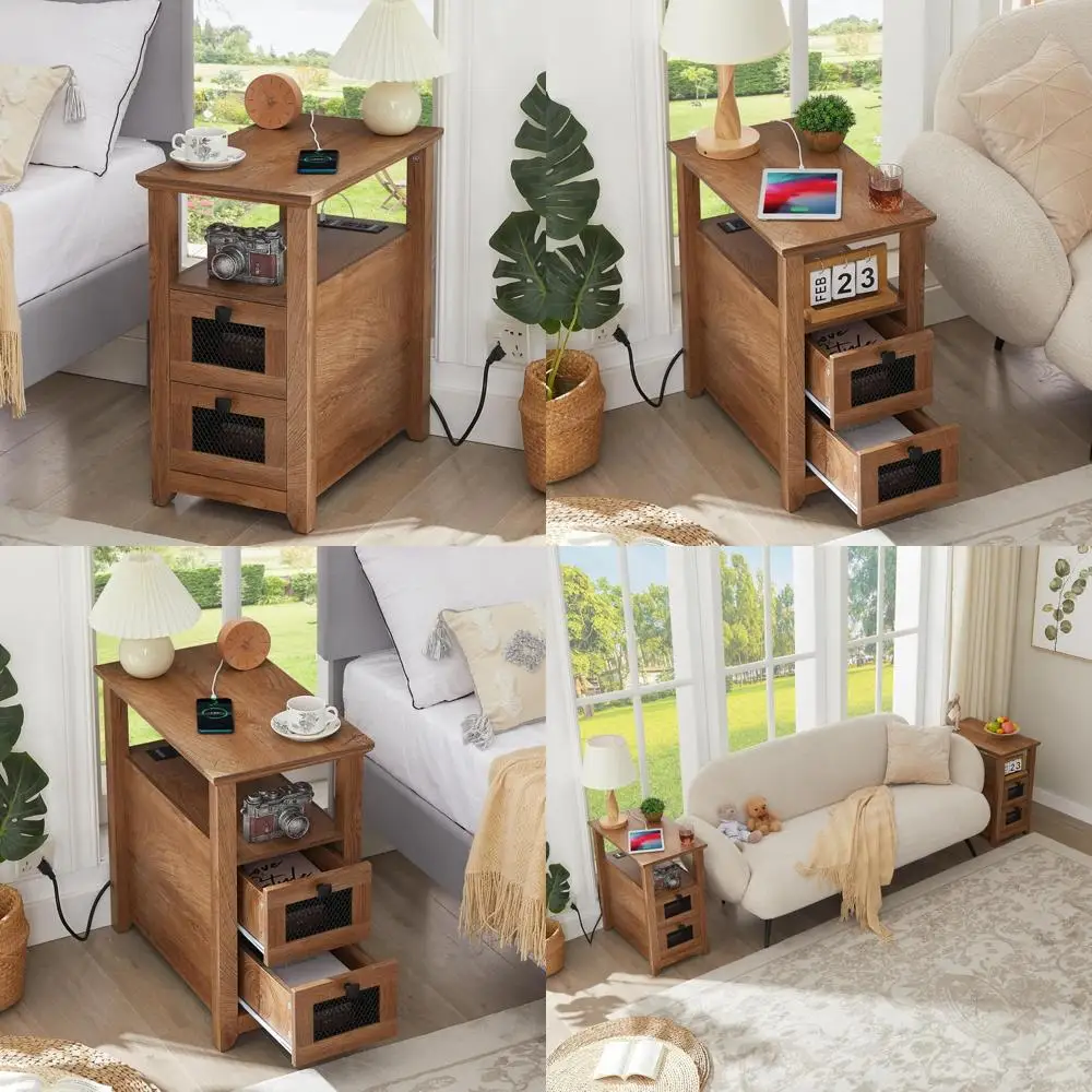 Farmhouse XXL End Table with Charging Station, Narrow Side Table with USB Ports and Outlets, Nightstand with 2 Drawers Storage,