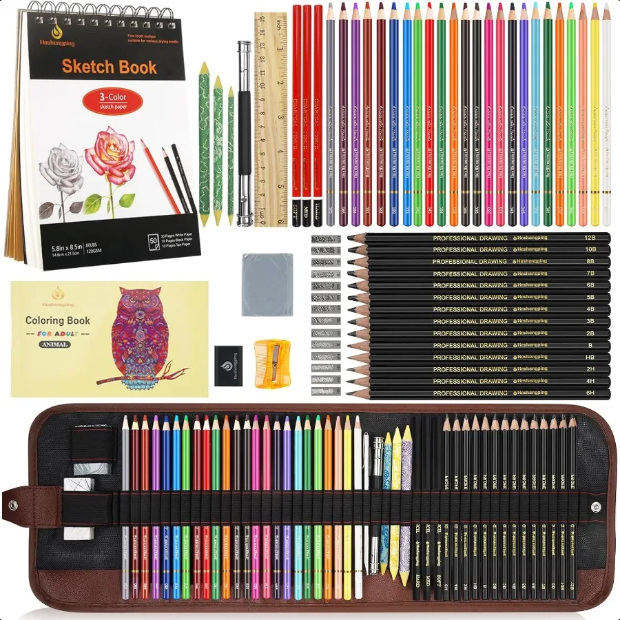 スケッチデッサンアート鉛筆キット-52ピースセット-24色色鉛筆-塗り絵用-鉛筆-グラファイト炭-3色-スケッチブック付き