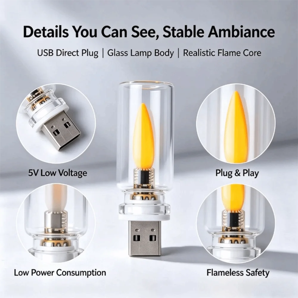 Warm Yellow Bulb LED Filament Night Light Flame Ambient Light Mini Decorations USB Night Light Creative Atmosphere Display