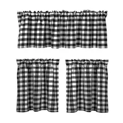 Black and White Grid Sheer Tier Curtains ,Short Kitchen Tiers ,Bathmroom Panels Pocket Small Half Window Treatment