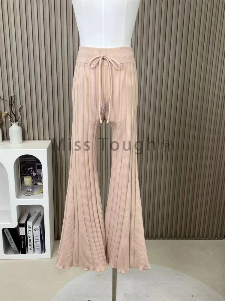 Winter Korean Fashion Sweet Knitted New 2 Piece Set Women Lace Up Tops + Flare Long Pants New Design Chic Sweater Pink Suit 2024