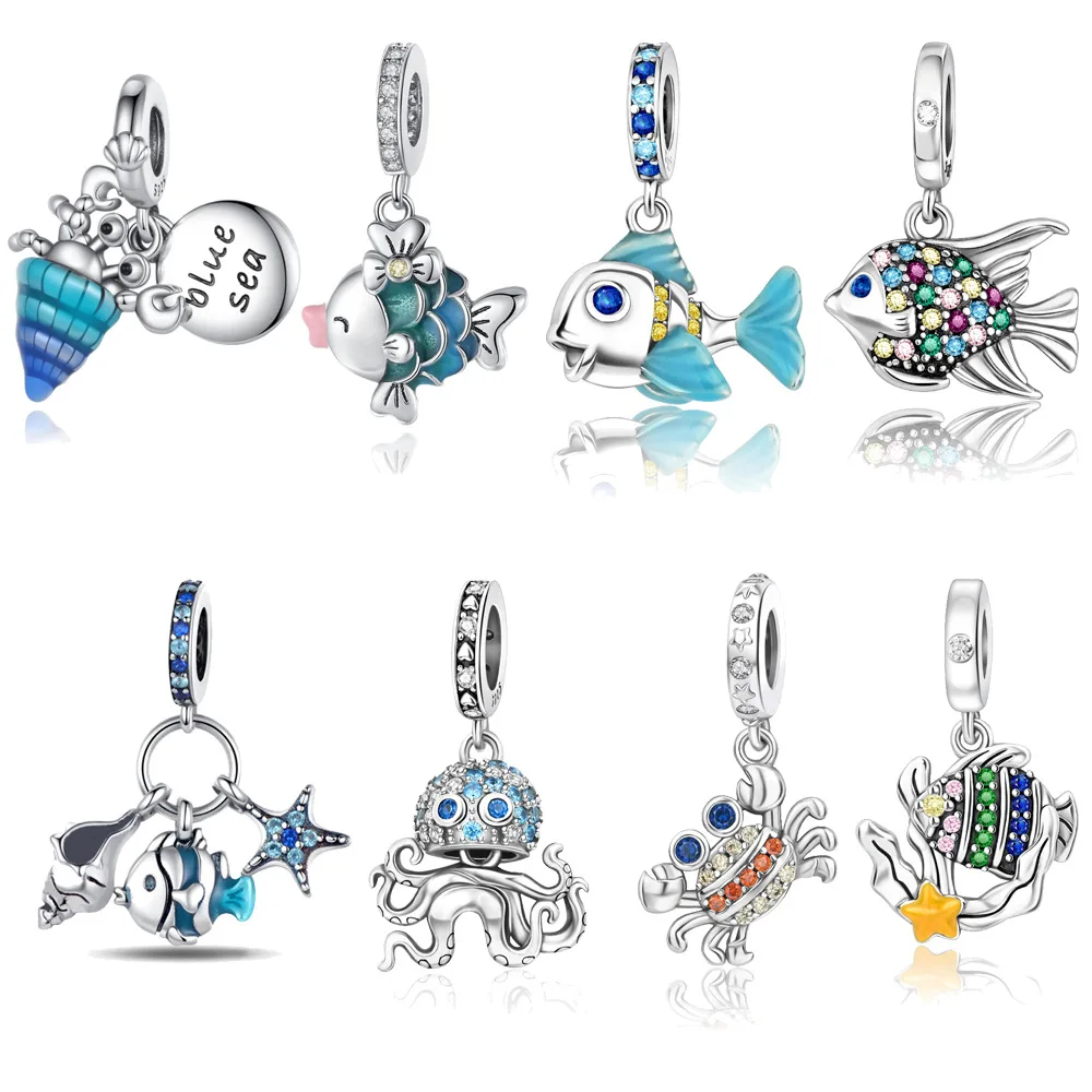 Abalorio de cangrejo chapado en plata con circonitas cúbicas de colores y ojos azules, compatible con pulseras de cuentas, regalo de joyería de animales marinos