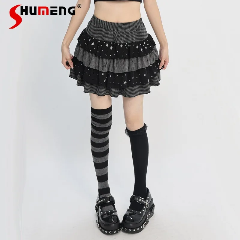 

Юбка-пачка в стиле Y2K с черно-серыми звездами и пэчворком, эластичная мини-юбка с высокой талией, летняя модная короткая юбка, уличная одежда