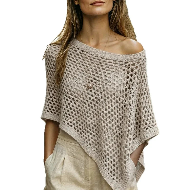 Women Off Shoulder Hollow Out Knit Poncho Top Irregular Asymmetric Hem Mesh Knitted Cape Casual Summer Cover Up Blouse