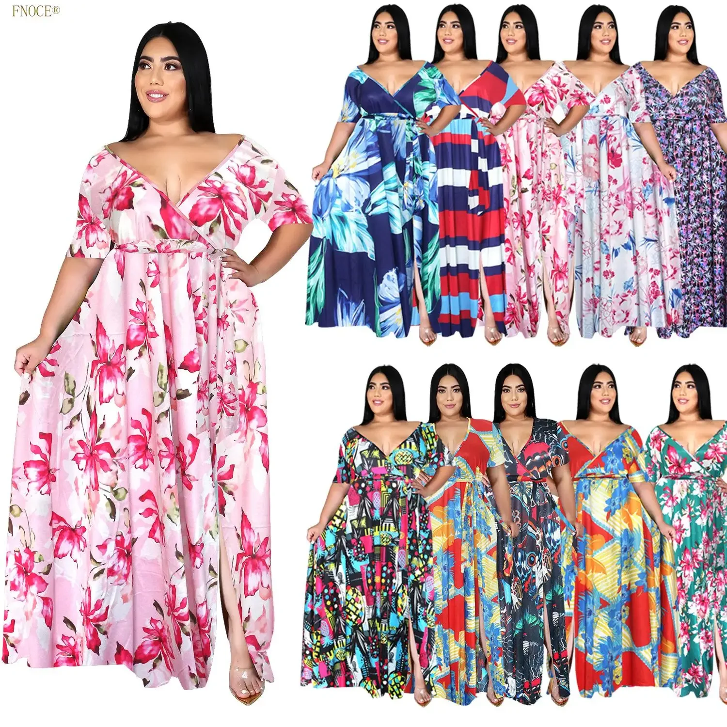 

FNOCE Summer Beach Casual V Neck Sexy Clothing Dresses Bohemian Short Sleeve Swing Fashion Women's Beach Printed large size