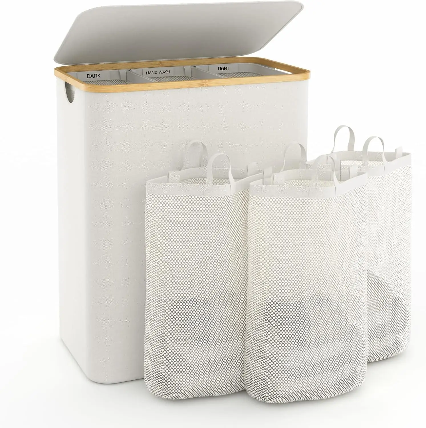 

160L 3-Section Laundry Hamper with Lid, Bamboo Frame, Removable Bags for Bedroom & Laundry Room Organization