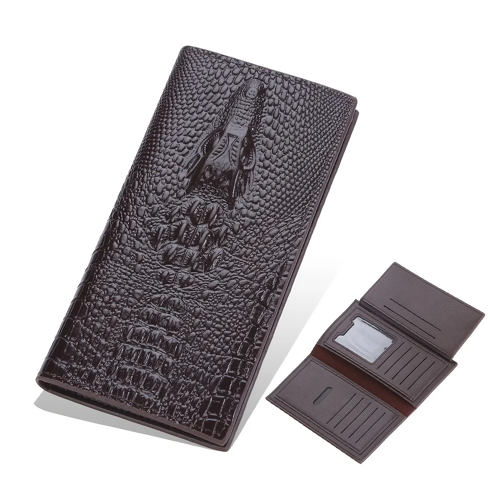 Men's Long Casual Crocodile Head Wallet Ultra Thin Fashion PU Leather Wallet Money Clip