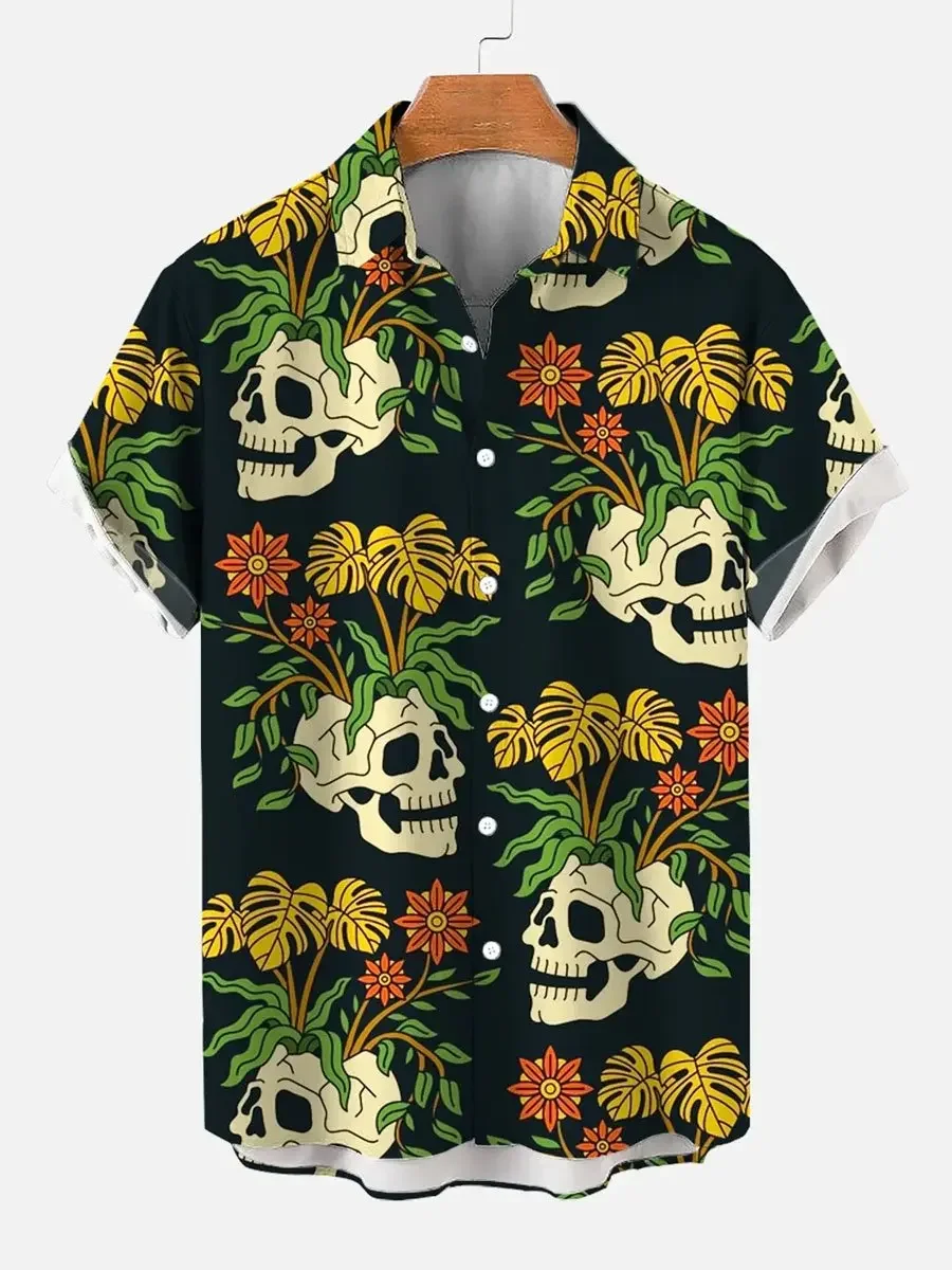 Vintage Skull Floral Men's Shirts Funny Skull 3D Print Streetwear Short Sleeve Tee Hawaiian Shirt Print Lapel Shirts For Men