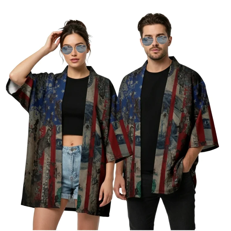

Men Women US Flag Print Kimono Cardigan Aviator Sunglasses Set Vintage 3/4 Sleeve Open Front Robe for Independence Day Party