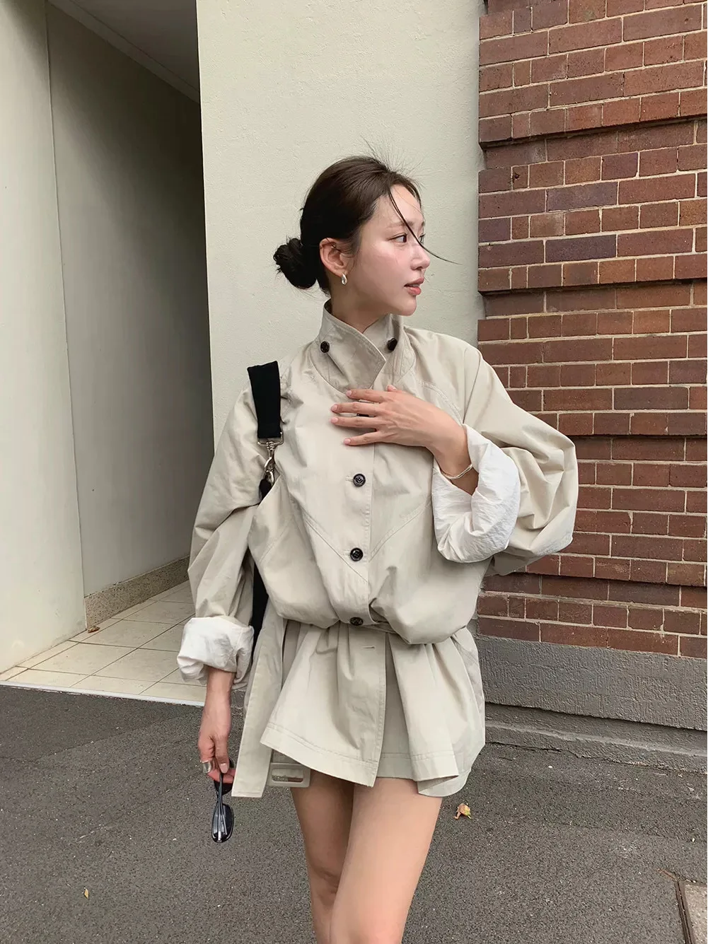 

Spring 2026 New London Flat Style Windbreaker Coat Batwing Sleeve Stand Collar Outerwear Women's Long Cotton Jacket