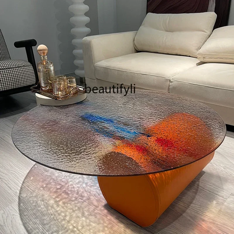 sscn8617 Italian Minimalist round FRP Marble Water Ripple Glass Plastic Tea Table