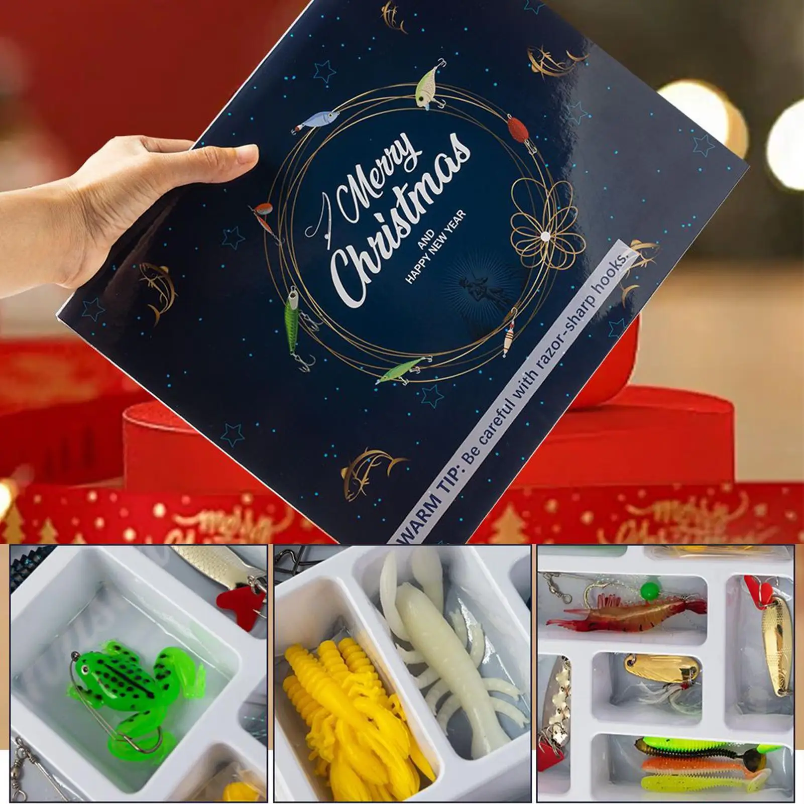 

24-дневный рождественский адвент-календарь для рыбалки, рождественский календарь обратного отсчета с рыболовными приманками, портативные приманки, снасти для мужчин