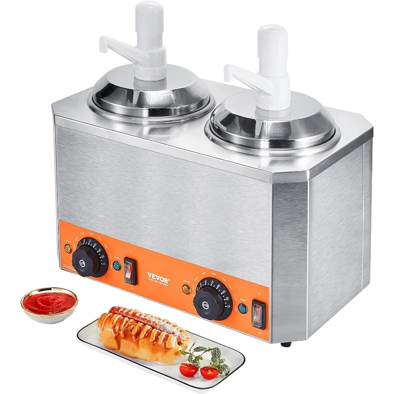 Distribuidor elétrico de queijo VEVOR com bombas, aquecedor comercial de alimentos quentes de 2,3x2 Qt, dispensador de bombas duplas de plástico, 86-230 ℉   Temperatura