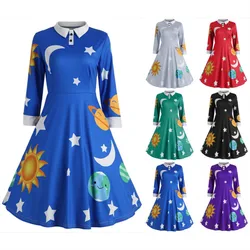 Anime Magic School Bus Cosplay Ms.frizzle Costume Solar System Long Sleeves Gown Elegant Printed Blue Green Purple Girl Dress