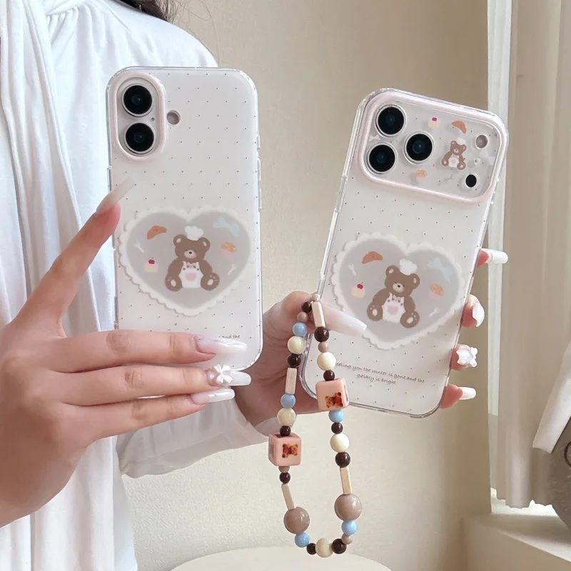 

Fashion Love Heart Bear Polka Dot Phone Case For iPhone 17 Pro 16 15 14 Pro Max Cover with Chain Strap Cute Cartoon Cases For Gi