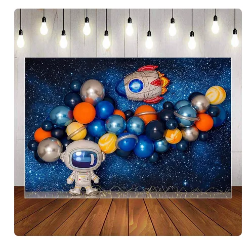 7x5ft  Planetarium Space Astronaut Happy Birthday Custom Washable Wrinkle Free Photo Background Backdrop Polyester Polycotton