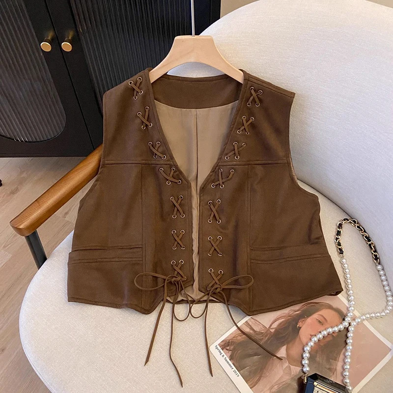 Y2K Vintage Crop Vest Women Autumn Sleeveless Lace Up Patchwork Streetwear Cardigan Female Harajuku Ethnic Style Short Tank New