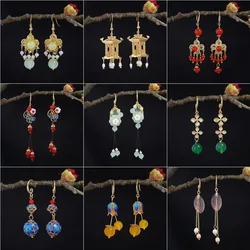 Vintage Ethnic Earrings for Women Traditional Chinese Fashion Handmade Flower Shaped  Agate Pearl Enamel Hanfu Luxury Jewelry