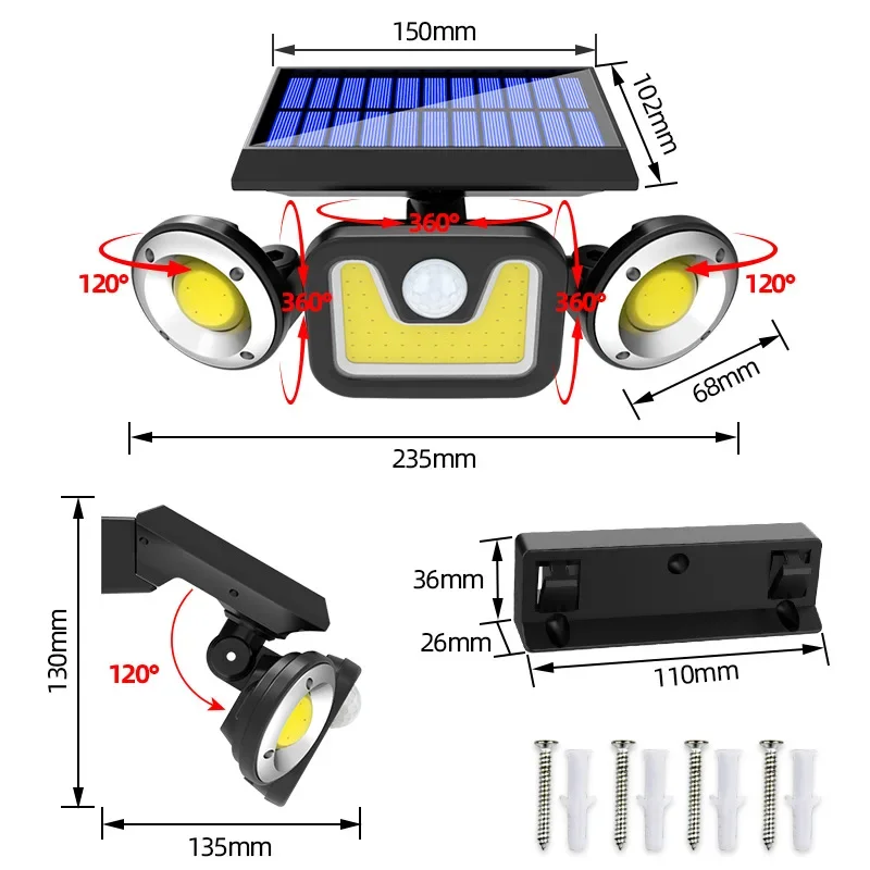 Lampa ścienna na energię słoneczną lampa na dziedzińcu trzy klosze obracającego się ludzkiego indukcja ciała wodoodpornego zewnętrznego lampa uliczna światło ogrodowe słonecznego 2024