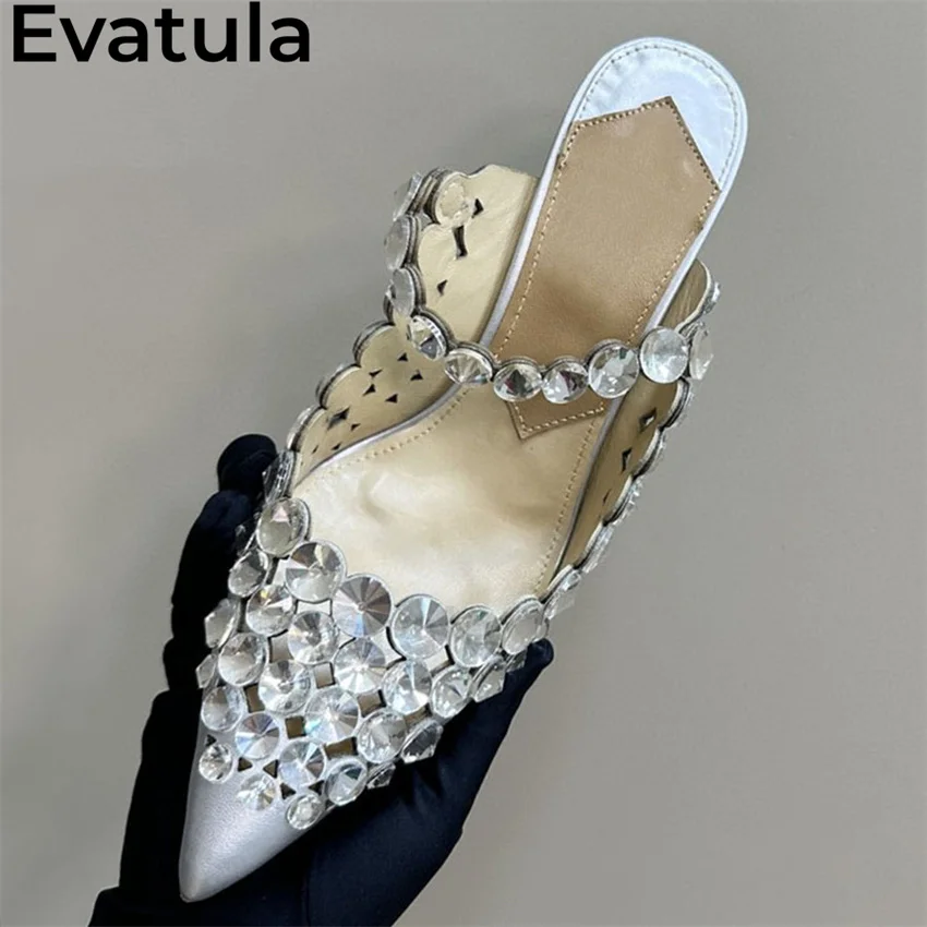 Inlay Clear Gemstones High Heels Slippers Women Pointy Toe Gladiator Mules Slippers 2025 Summer Sexy Crystal Party Shoes Mujer