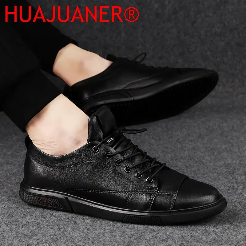 Classic White Sneakers Men Casual Leather Shoes Male Lace-Up Genuine Leather Flats Fashion Korean Simple Footwear Size 47