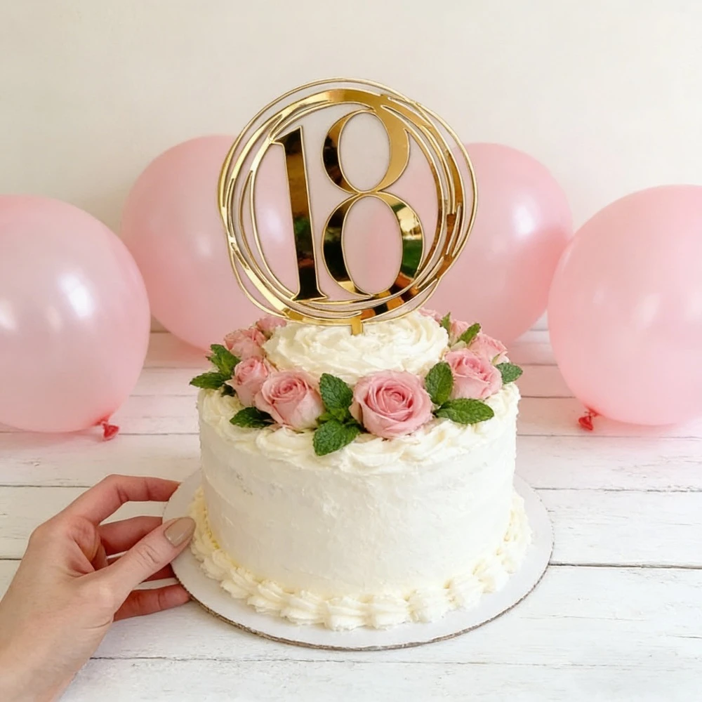 Acryl-Kuchenaufsatz für eine 18. Geburtstagsfeier, mit goldenem Design, perfekt zum Dekorieren von Kuchen und Cupcakes. – Detail 1