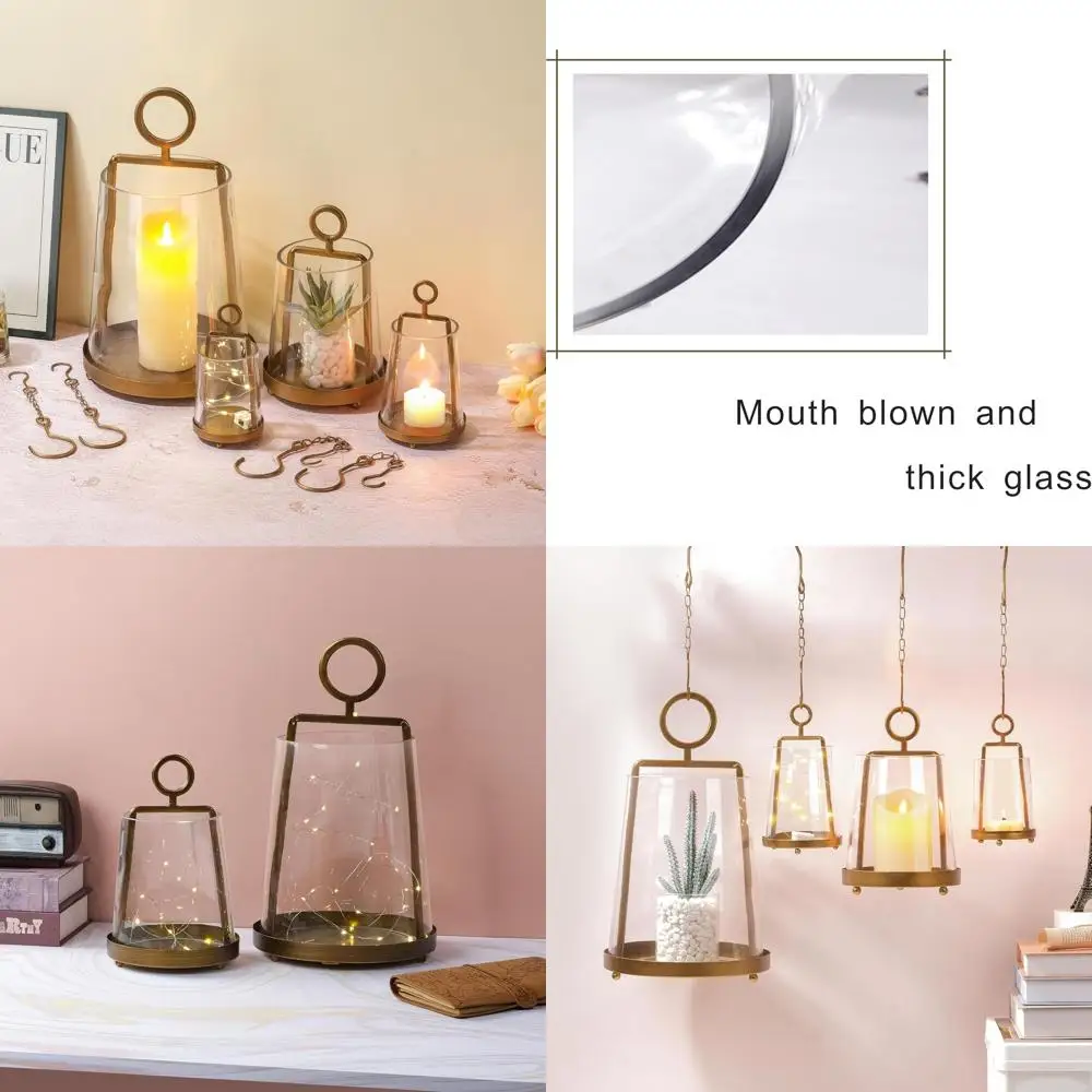 

6" Wide Modern Farmhouse Metal Hurricane Candle Holder with Handmade Sturdy Glass Sleeve in Antique Brass for Pillar Candle & Pl