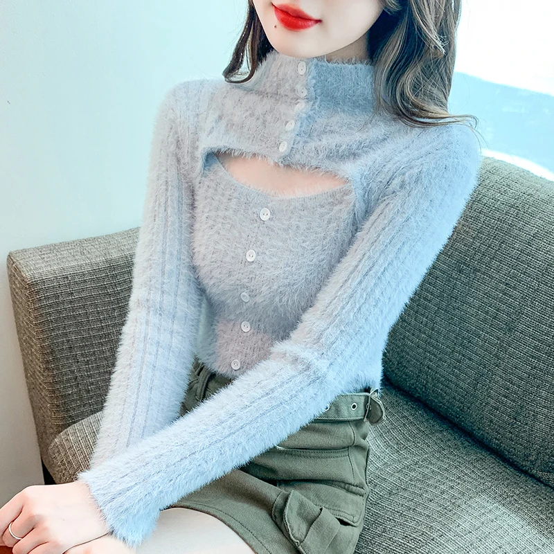 

Half High Collar Sweater Women Slim Sexy Hollow Jumper Pullover Tops Crop Pink Sweaters Fur Button Knit Sueter Shirt