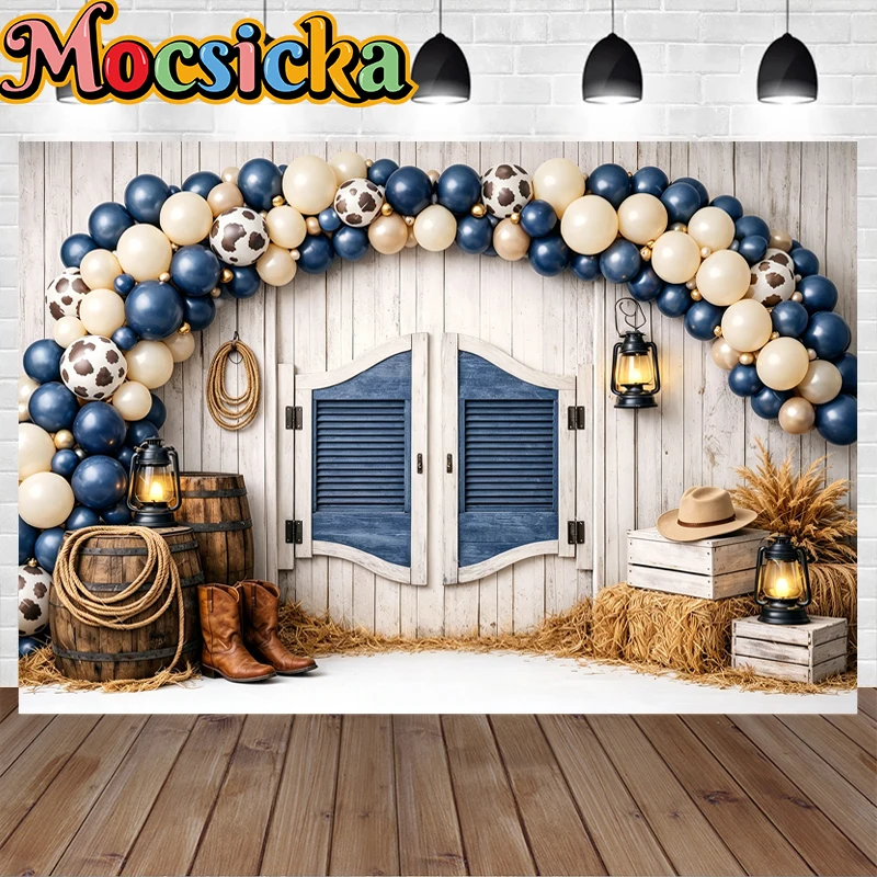 Mocsicka Western Cowboy Birthday Party Photography Backdrop Blue Balloon Barn Door Background Boy Rodeo Baby Shower Photo Studio