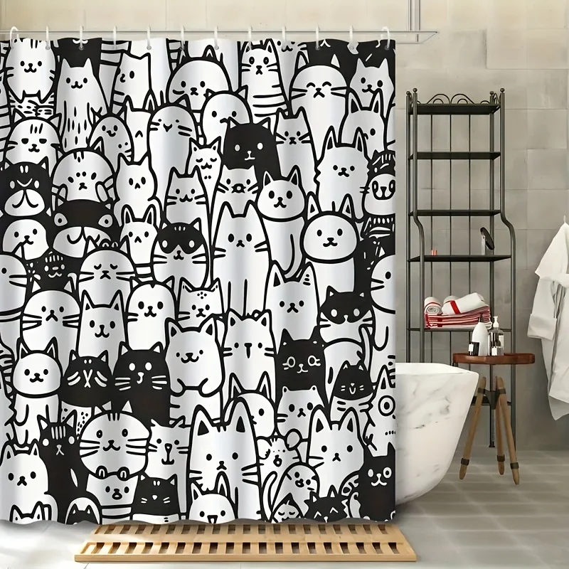 1pc Cute Black & White Cartoon Cat Shower Curtain, Polyester, Bathroom Decoration with 12 Hooks, Machine Washable, Animal Theme,
