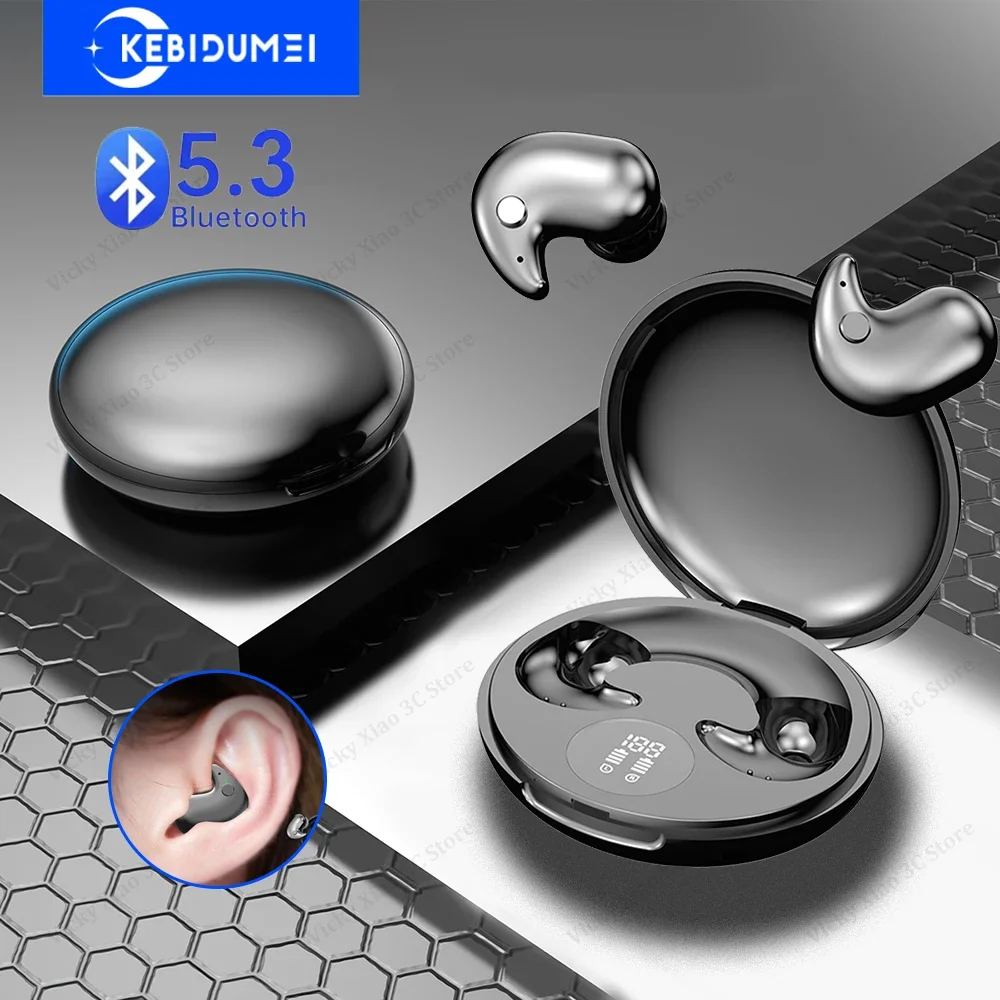 Fones de Ouvido Invisíveis KEBIDUMEI Bluetooth 5.3 Mini Earbuds para Quem Dorme de Lado TWS Sem Fio à Prova d'Água HiFi Estéreo