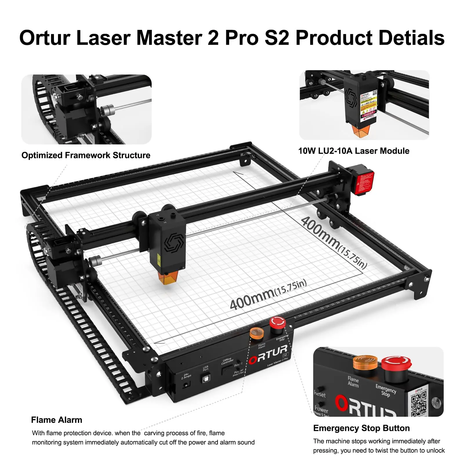Ortur Laser Master 2 Pro S2 10000mW ماكينة نقش بالليزر عالية الدقة 15,000 مم / دقيقة فئة ليزر فعالة 1