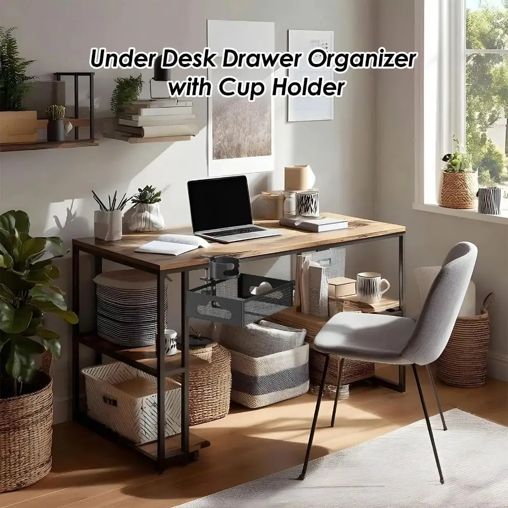 360 Degree Rotating Under Desk Storage Rack Carbon Steel No Drill Desktop Stationery Shelf High Load Capacity Multifunctional