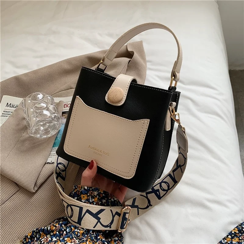 

Fashion Women PU Leather Small Bucket Tote Bags Luxury High-capacity Handbags Wide Strap Female Shoulder Crossbody Messenger Bag