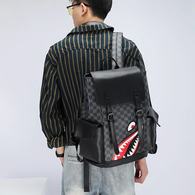 حقيبة ظهر ريترو شارك، حقيبة ظهر كاجوال جديدة للرجال من البولي يوريثان، حقيبة ظهر للطلاب متعددة الوظائف بسعة كبيرة #3