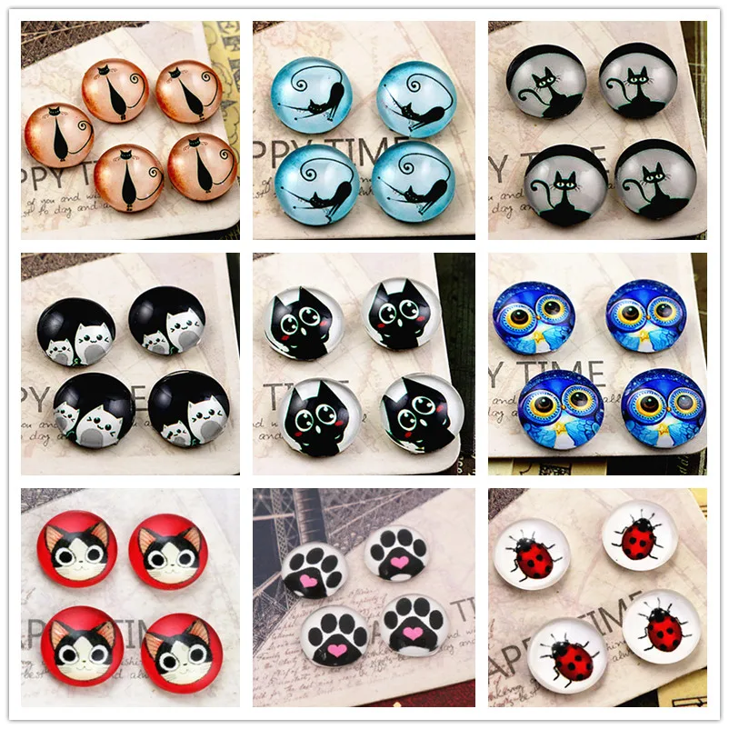 New Fashion 20pcs 12mm Cut Cat Owl Animal Pattern Handmade Photo Glass Cabochons DIY Jewelry Making Supplies for Blank Base