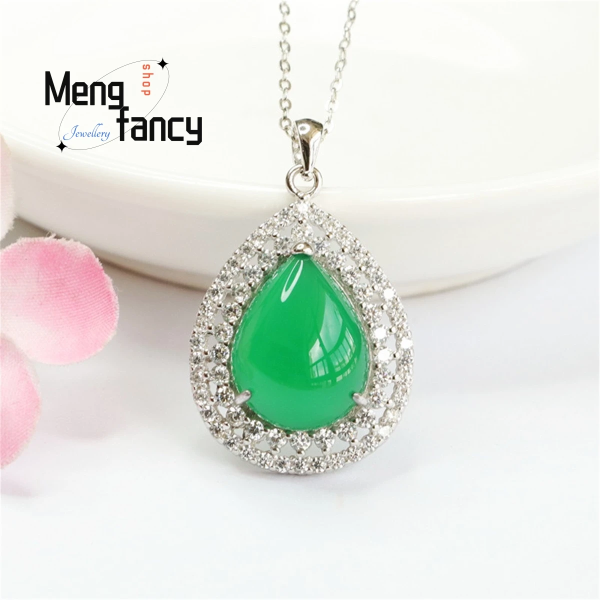 

Natural S925 Silver Inlaid With Chrysoprase Agate Water Drop Double-layer Diamond Necklace Simple Fashion Versatile Fine Jewelry