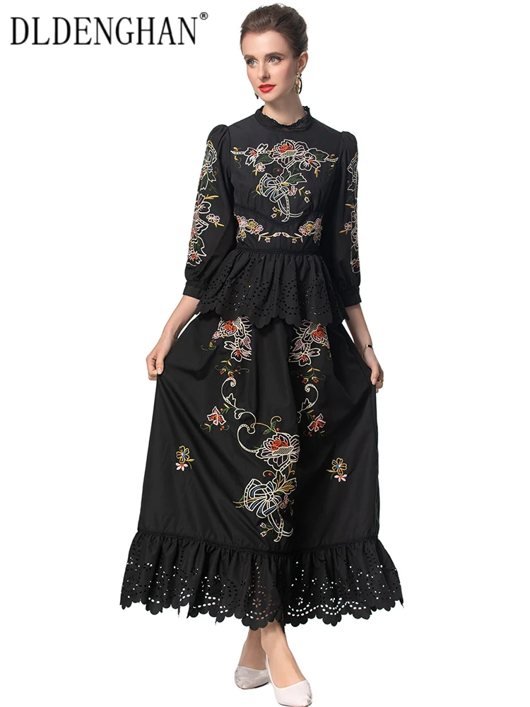 

DLDENGHAN Autumn Flower Embroidery Dress Women's Stand Collar Lantern Sleeve Ruffles Vintage Party Long Dress Fashion Designer