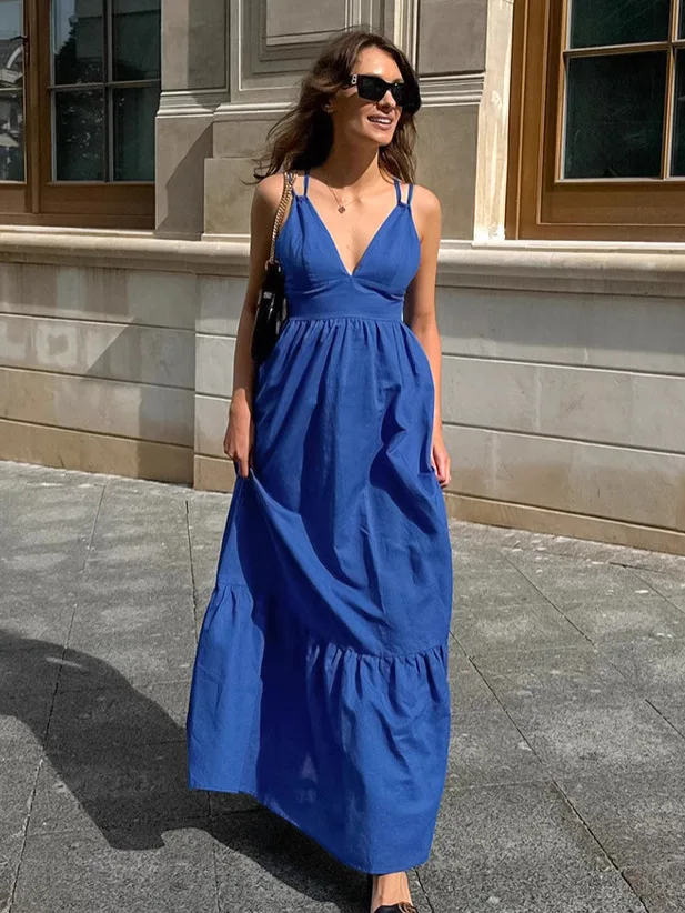 Vestido Largo Casual de Algodón y Lino con Cuello en V Azul Sexy Estilo Europeo Americano para Mujer