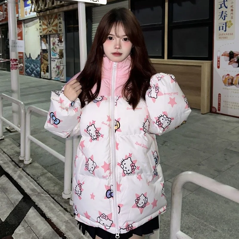 Sanrio-Parkas de algodón de Hello Kitty Y2k para mujer, chaquetas de plumón Harajuku, abrigo holgado con cremallera de retazos, chaqueta cálida