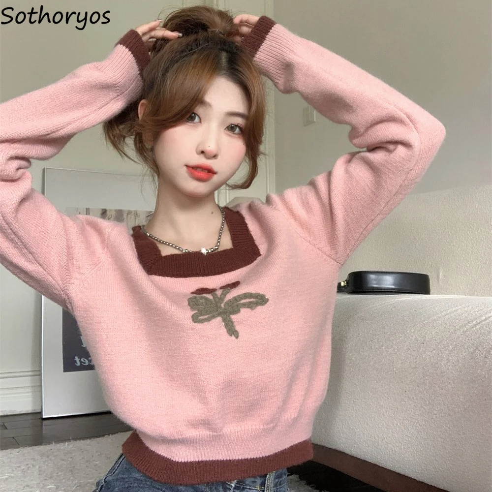 

Pullovers Women Floral Y2k Square Collar Loose Knitting Gentle Girls Panelled Lovely Korean Style Soft Leisure Cropped Sweaters