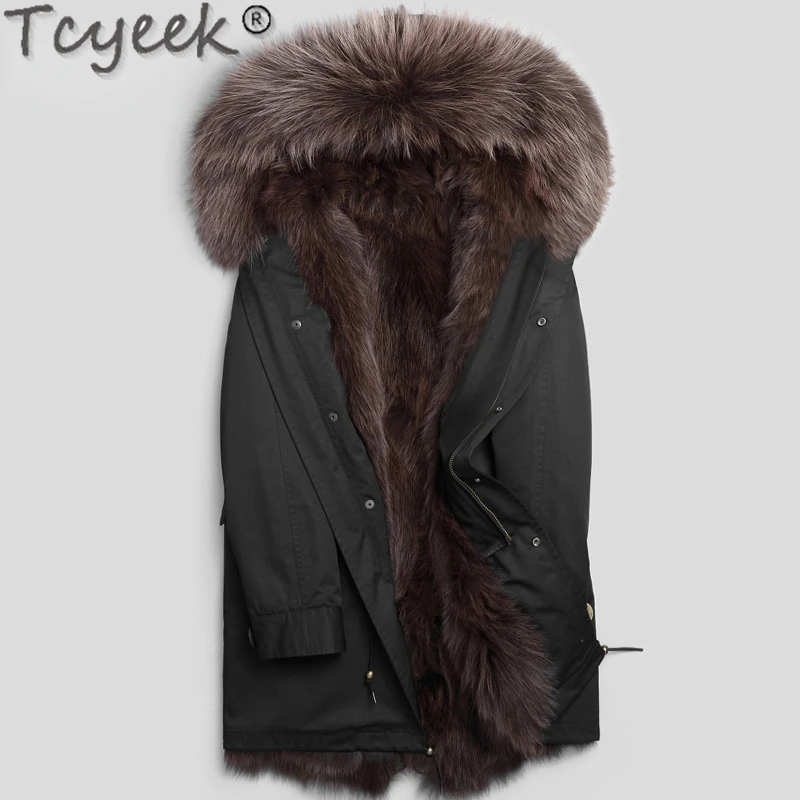 

Tcyeek Real Fox Fur Liner Coat Winter Jacket Men Mid-long Parka Slim Fit Hooded Real Fur Coats Male Warm Raccoon Dog Fur Collar