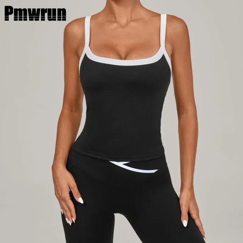 

PMWRUN Naked Yoga Vest Women Black Contrast Hollow Out Back Shockproof Fitness Sports Tank Top Breathable Gym Active Sportswear