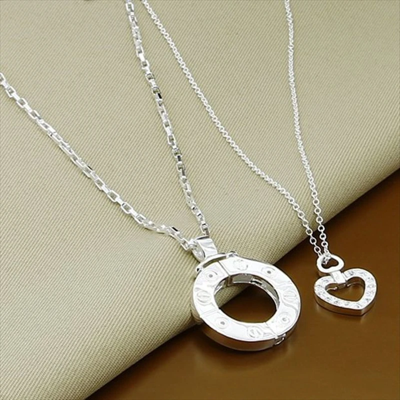 

Couple Necklace 925 Sterling Silver Heart Circle Men & Women Love Gift Set Chain