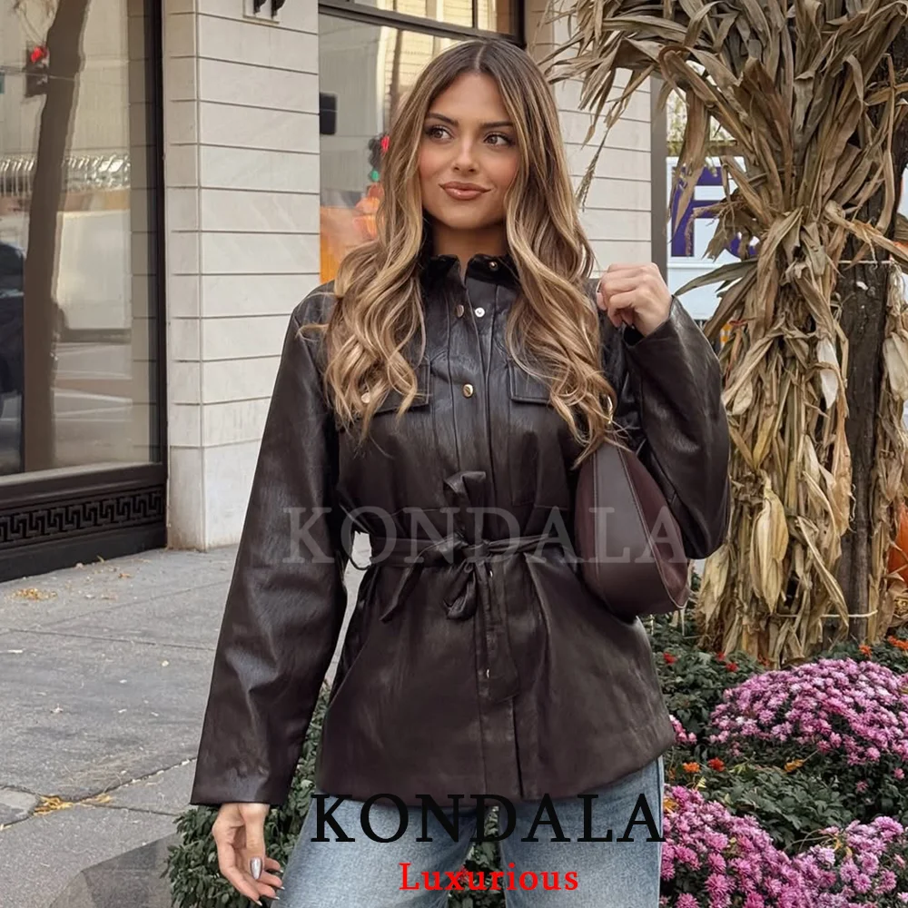 

KONDALA Casual Chic Chocolate Brown Leather Jackets Women Long Sleeve Buttons Sashes Coats Fashion 2025 Streetwear Outwears