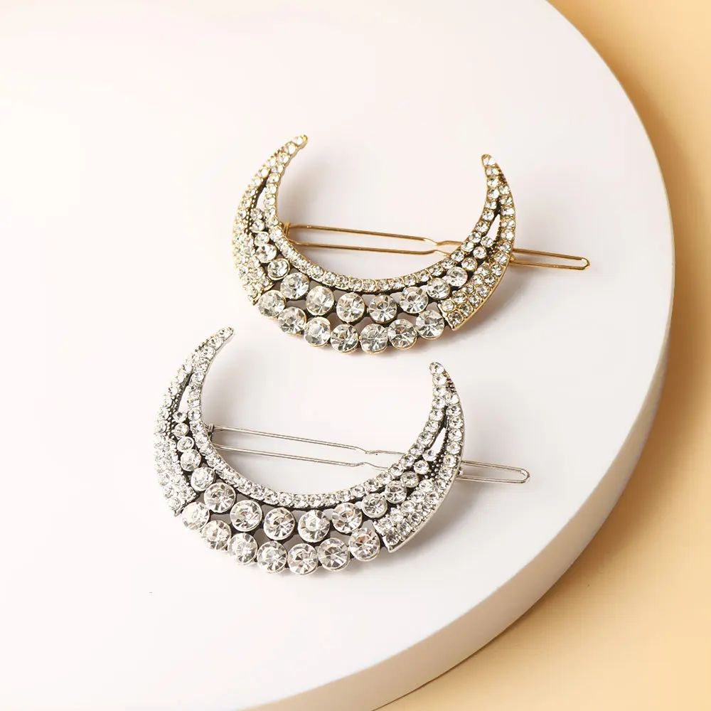 Pince à cheveux en forme de lune en cristal pour femmes, bijoux Vintage, épingles à cheveux, accessoires pour cheveux, argent doré, 1 pièce