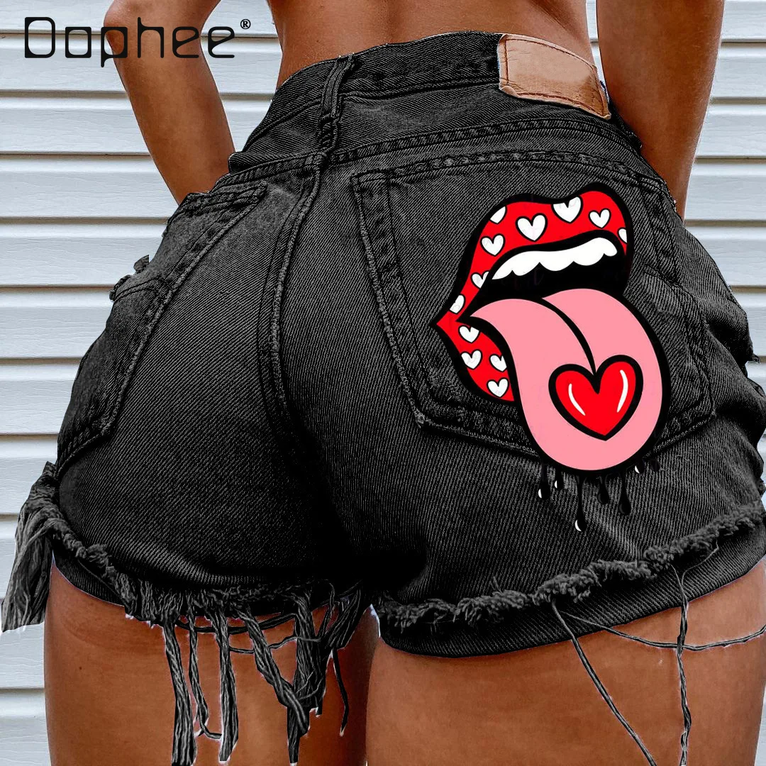 Street Hipster Ripped Tassel Denim Shorts Women 2024 Summer Fashion Printed Sexy Girl Single-Breasted High Waist Black Shorts